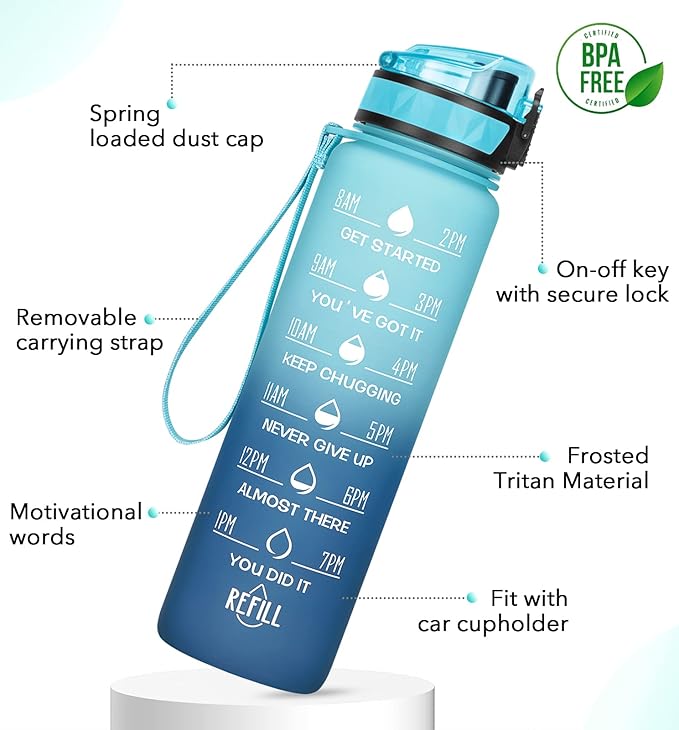 32oz/26oz Motivational Water Bottle with Time Marker & Fruit Strainer, Leak-proof BPA Free Non-Toxic 1l Bottle with Carrying Strap, Perfect for Fitness, Gym and Outdoor Sports, Plastic