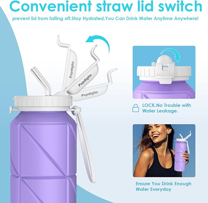 690ML Collapsible Water Bottles Reusable Leak Proof Silicone Water Bottle BPA Free Durable Foldable Sports Bottles & straw 23oz Lightweight Bottle for Gym Hiking Biking Camping Travel Bottle