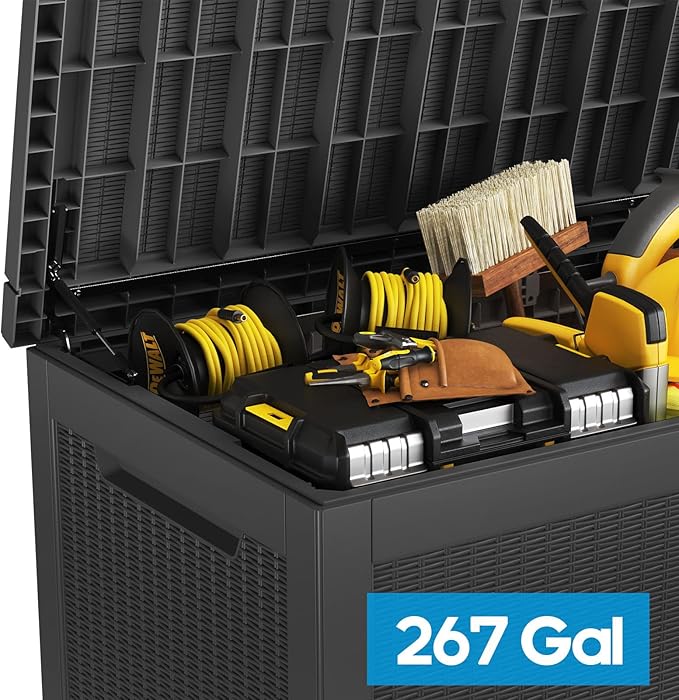 267 Gallon Deck Box Large Outdoor Storage for Patio Furniture,Outdoor Cushions,Garden Tools and Pool Supplies,Waterproof,Resin,Lockable(Black Rattan)