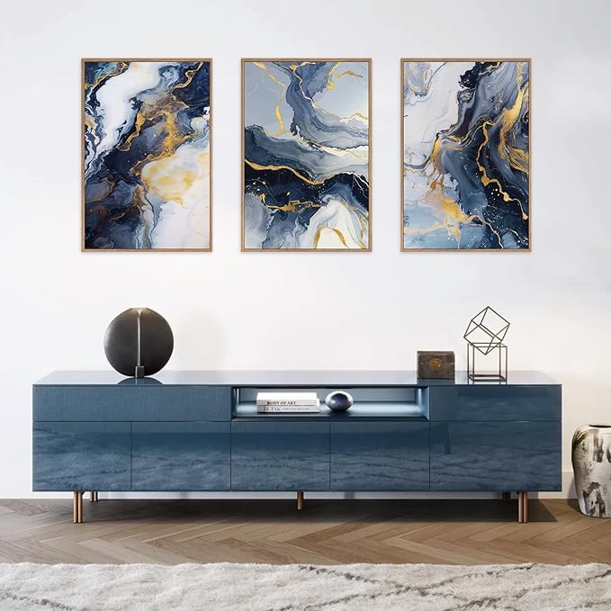 Blue and Gold Framed Canvas Wall Art Set, Mid-Century Modern Abstract Wall Decor, Navy Blue Ink Wash Painting, Neutral Art Print for Living Room, Bedroom, Dining Room, Office - 16"x24"x3