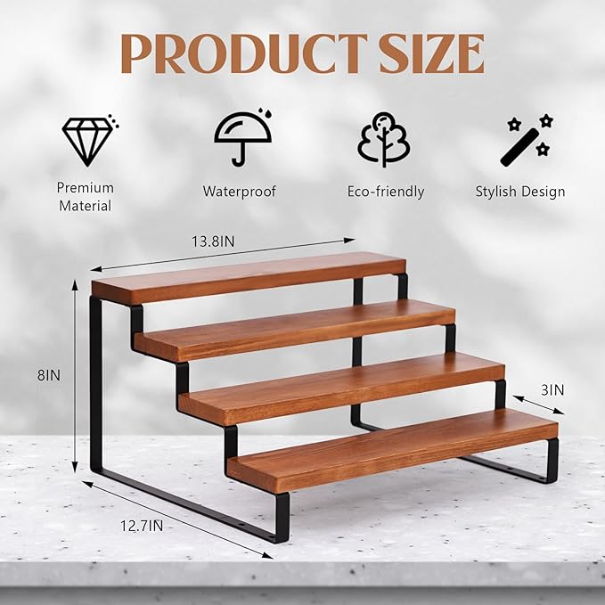 4 Tier Wooden Display Riser Stand Perfume Organizer with Metal Stand, Dessert Table Display Set, Food Display Stands for Party, Brown Rustic Solid Wood Shelf for Cupcakes, Perfume, Cologne, Spiece