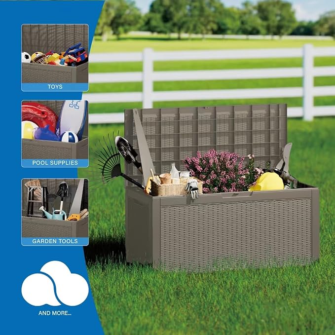 100 Gallon Double-Wall Resin Deck Box - Lockable Waterproof Outdoor Storage Box, 1000lbs Capacity & Doubles as Seating for Patio Furniture - Garden Tools, Pool Accessories (Brown)