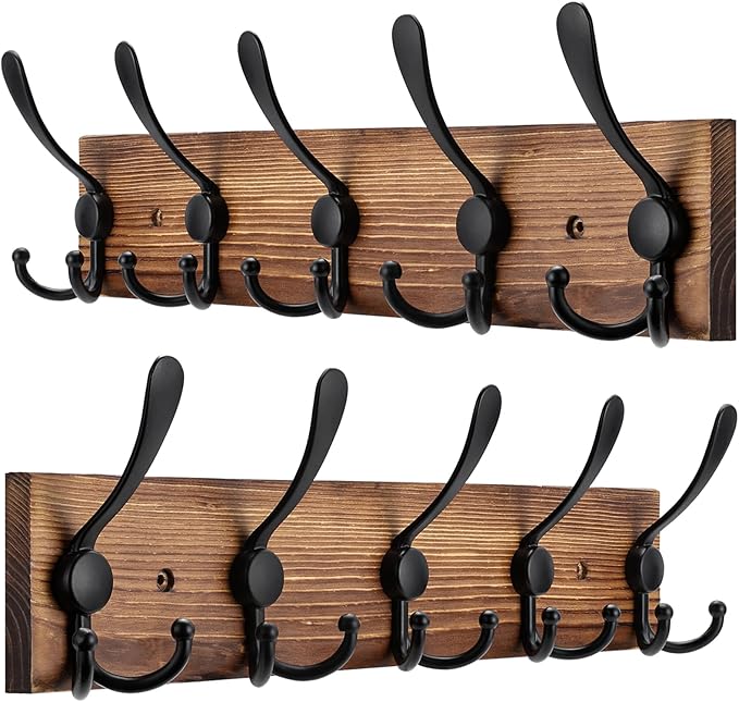 2pcs Coat Rack Wall Mount Wooden Hat Rack for Wall Hooks Pine Real Wood Plank 16.9" Brown Coat Hanger with 5 Triple Hooks for Hanging Coat Hat Jacket