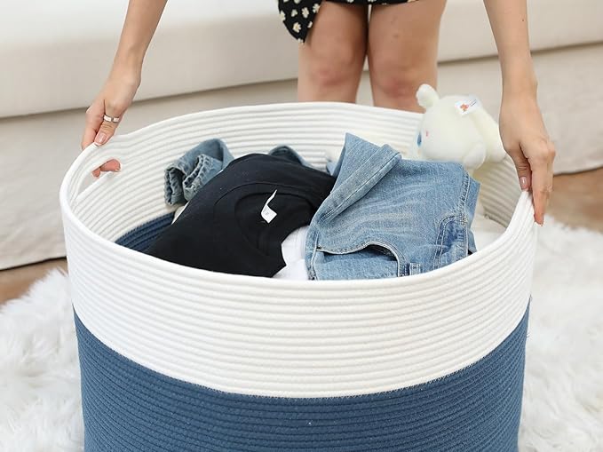 24" x 24" x 17" Max Size Large Cotton Rope Basket, Extra Large Storage Basket, Woven Laundry Hamper, Cloth Storage Bin, for Blankets Clothes Towels Pillows in Living Room, Dark Blue