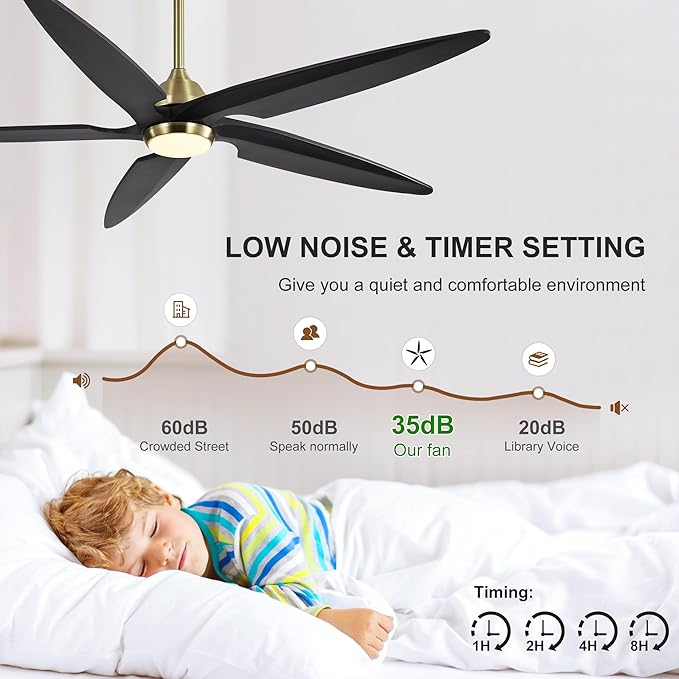 64 Inch Modern Ceiling Fan with Lights and Remote, 5 Wood Blades, 6-Speed Noiseless Reversible DC Motor with Replaceable Downrods for Bedroom Living Room Dining Room, Gold and Black