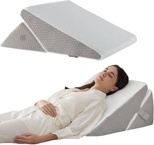 Bed Wedge Pillow for Sleeping, 9&12 Inch Wedge Pillow for Back Pain Relief, Adjustable 7-in-1 Memory Foam Triangle Pillow for Back and Leg Support, Acid Reflux, Snoring & Gerd, White/Grey