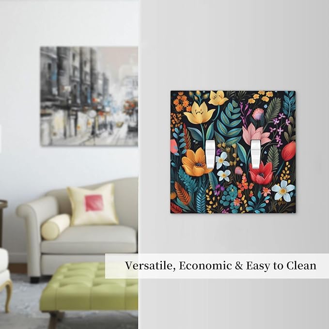 Boho Floral Vintage Flower Leaves Rustic Wildflower Plants Double Toggle Light Switch Covers 2 Gang Wall Plate Dual Decorative Switchplate Electrical Faceplate for Country Bathroom Bedroom Decor