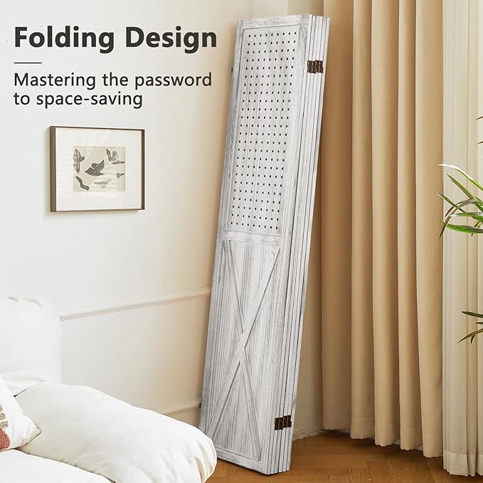 6 Panel Pegboard Room Divider, 5.6Ft Pegboard Display Folding Privacy Screens, Wood Room Divider Peg Board Display Freestanding for Trade Show Craft Show Home Wall Organizer, Retro White