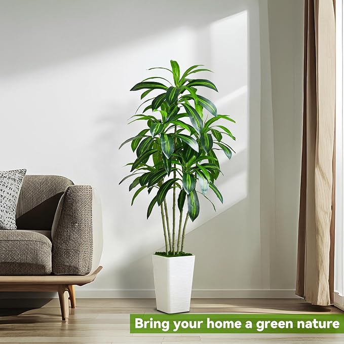 Artificial Dracaena Tree Artificial Silk Tree Faux Tree with White Tall Planter Fake Tropical Yucca Floor Plant (1, White Tall Planter, 5 FT)