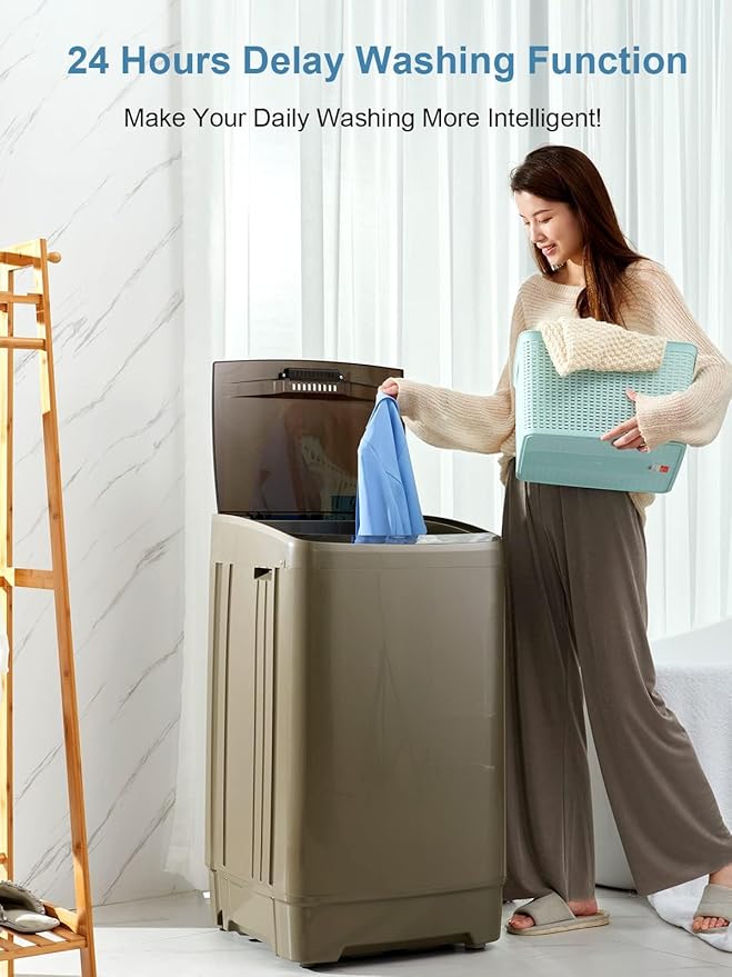 17.7 lbs Full Automatic Washing Machine with LED Display Compact Washing Machine with Drain Dump, 10 Wash Programs and 8 Water Levels Ideal for Dorms, Apartments, RV, Gold, KB03 GOLD6-3