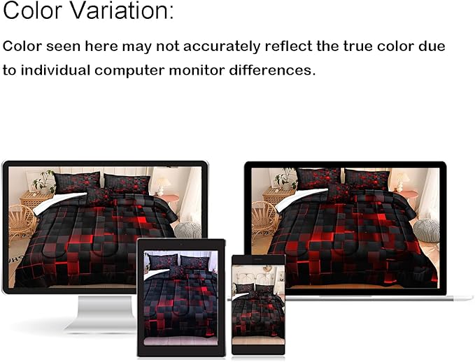 Bedbay Black Checkered Comforter Set King Size Plaid Bedding 4 Pcs Stereoscopic Glowing Square Geometric Printing Quilt Set Boys Girls Black Red Grid Bedding Set King Duvet Set (Red Black,King)