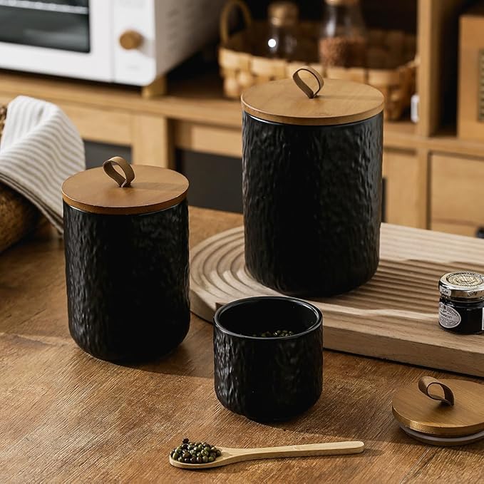 Black White Ceramic Coffee Canister Tea Canister with Seal Wood Lid, Airtight Coffee Storage Container for Coffee Bean, Ground Coffee, Sugar, Cookie Candy jar (Black, 800ml)
