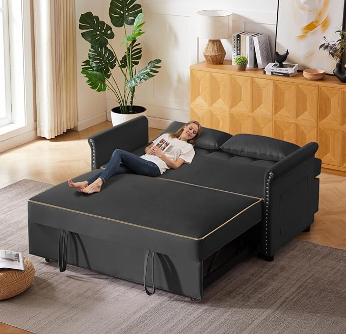 57-Inch Velvet Full Size Sleeper Sofa Couch with Pullout Bed,Convertible Pull Out with Golden Decorative Strip and Adjustable Backrest for Small Spaces,Apartment, Guest Room, RV (Black)