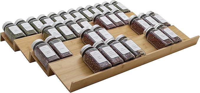 Bamboo Spice Rack Drawer Organizer - 8 Pieces Set- 11" Wide Per Piece - Combine Pieces Into 22" Wide Rack (11" or 22")