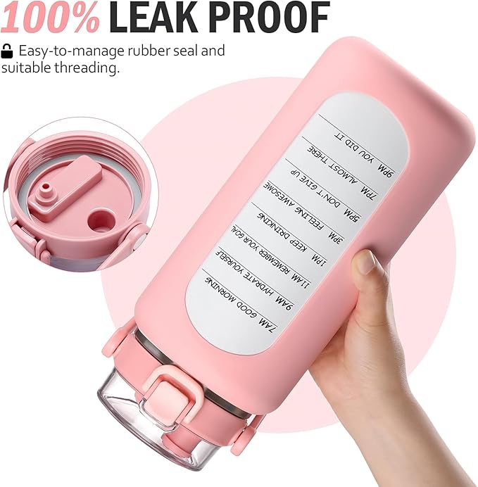 BLUEGO 64oz Insulated Water Bottle with Straw and Handle Leakproof Half Gallon Wide Mouth Motivational Water Bottle, 2-IN-1 Straw Spout Lid Stainless Steel Water Jug for Sport Travel Gym-Pink