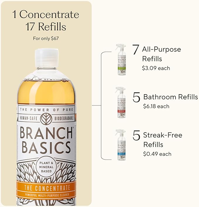 Branch Basics Cleaning Essentials Kit: All Purpose Spray, Glass Cleaner, and Bathroom Cleaner - Concentrate (33.8 Oz) + Plastic Spray Bottles for Cleaning (24 Oz) Non-Toxic, Fragrance-Free