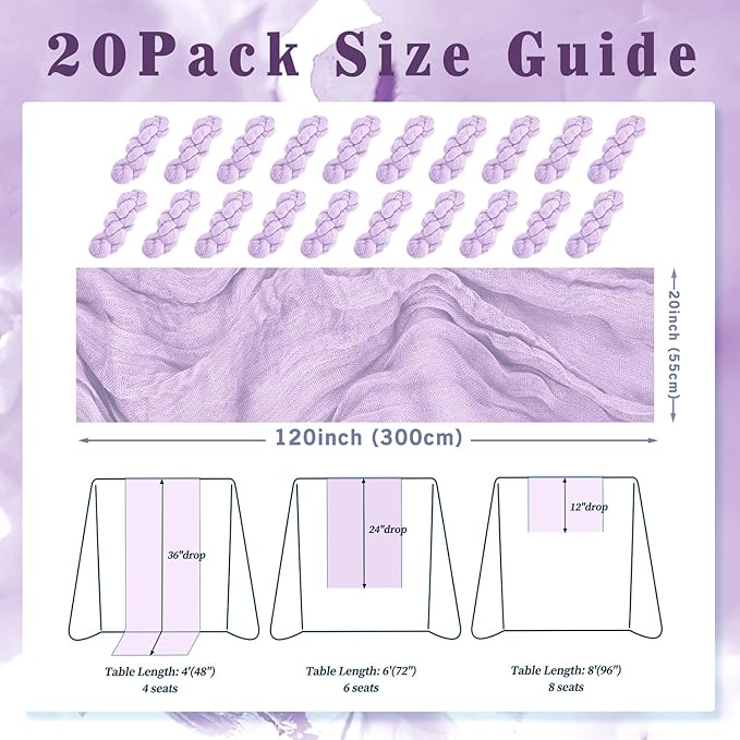 20 Pack Lilac Cheesecloth Table Runner 10FT Rustic Gauze Cheese Cloth Table Runner for Wedding 20 x 120 Inch Long Bridal Baby Shower Table Decor Boho Fabric Sheer Birthday Party Table Decorations