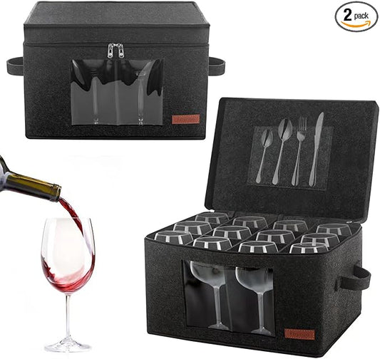 2 Pack Wine Glass Storage Box with Dividers, Stemware Storage Containers for Packing and Moving, China Storage Containers Box for 12 Crystal Glassware, Wine Glasses, Drinkware,Dark Gray