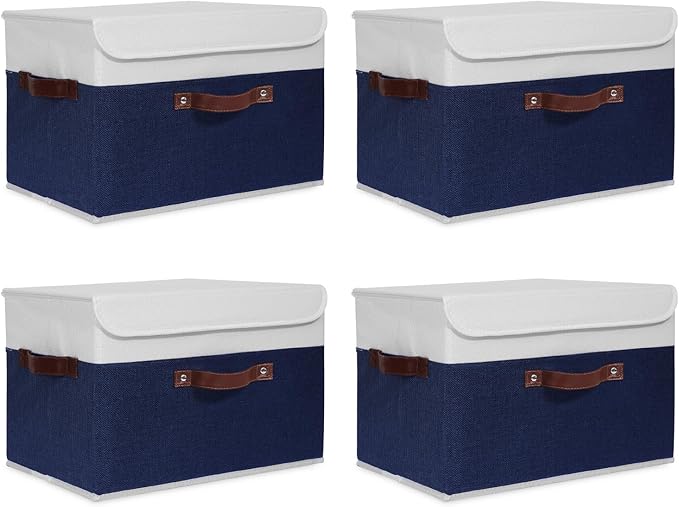 ANMINY 4PCS Storage Boxes with Lid Washable Decorative Storage Bin Basket with PU Leather Handle Foldable Linen Fabric Storage Cube Container for Home Closet Organizer - Deep Blue White, Large Size