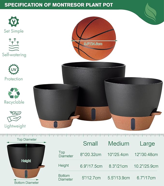 12/10/8 Inch Self Watering Pots for Indoor Plants Plastic Large Plant Pot for Outdoor Plants, Water Level Window & Spacious Reservoir Flower Pots Decorative Planter with Drainage and Tray (Black)