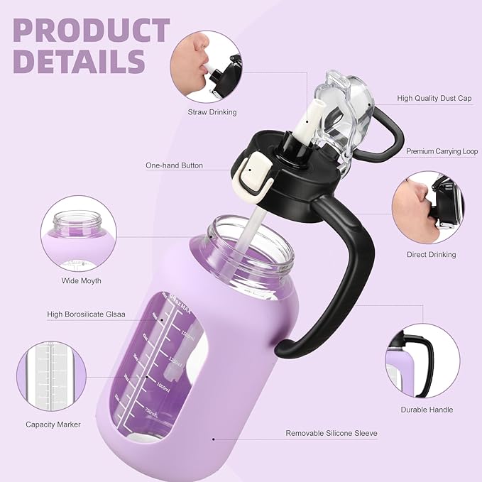 64 oz Glass Water Bolttles Half Gallon Large Motivational Water Bottle with Time Marker Sports Water Bottles with Silicone Sleeve and Handle Lid Water Jug for Gym Workout-1 Pack