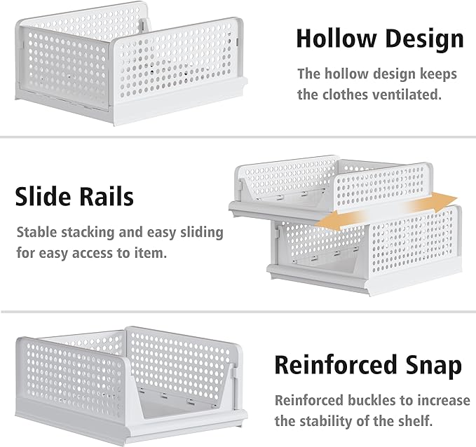 5 Pack Stackable Plastic Storage Basket Closet Organizer Bin Foldable Clothes Organizer Storage Drawer Shelf Container for Living room Bathroom Kitchen Office (4L+1S)