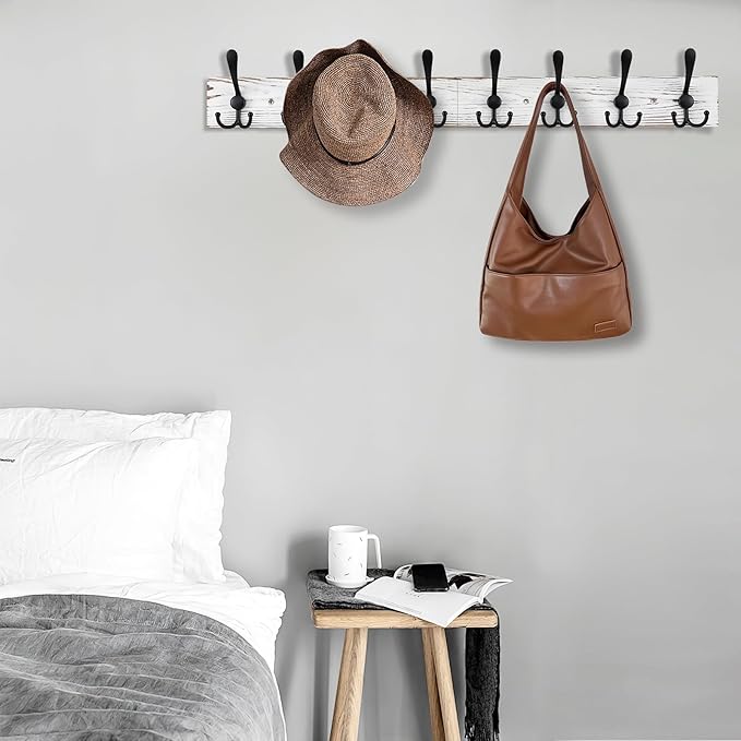 32.2'' Large Coat Rack Wall Mount Coat Hooks with 8 Metal Black Triple-Hooks Old White Pine Real Wood Plank Hat Rack for Wall Hooks