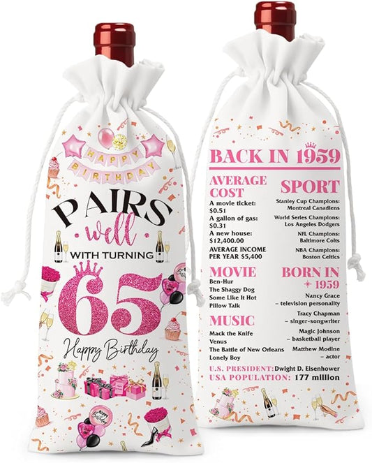 65th Birthday Gifts for Women Men Wine Bag, 65 Year Old Birthday Gifts for Women, 65th Birthday Party Decorations for Women Men, Pairs Well with Turning 65 Wine Bags (White Pink)