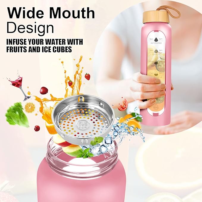 32 Oz Borosilicate Glass Water Bottle with Times to Drink | BPA Free - Reusable Wide Mouth Glass Motivational Water Bottles with Infuser & Silicone Sleeve (pink)