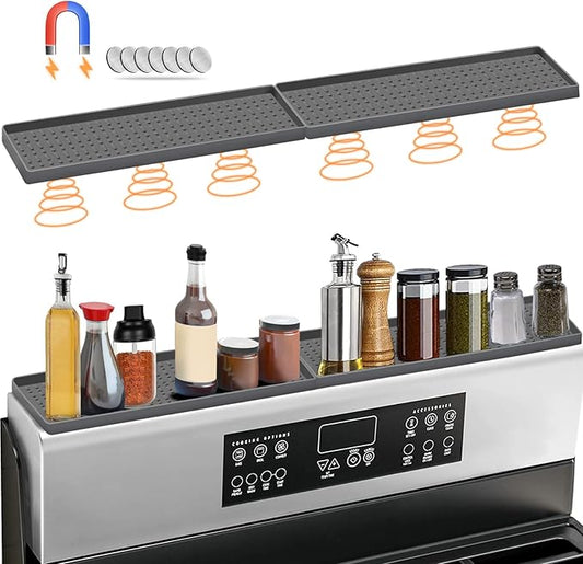 BFONS 30" Magnetic Stove Top Shelf Spice Rack Storage, Silicone Top Heat Material Stove Rack Shelf Flexible Seasoning Organizer Kitchen Shelves Gadgets with 2 Functional Prtitions for Kitchen （Grey）