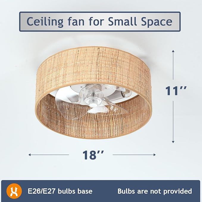 Boho Small Reversible DC Ceiling Fan with Light Fixture and Remote Control ,Flush Mount Drum Caged Enclosed Round Cage Low Profile Fandelier for Bedroom Indoor Kitchen Nursery Office Dining Room