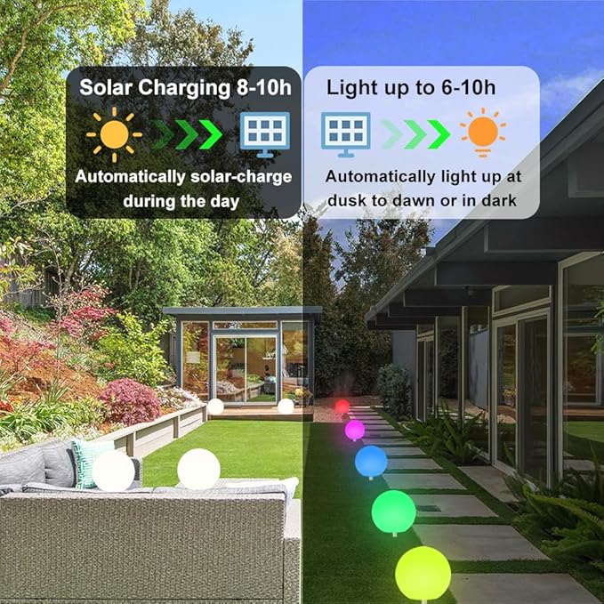 10-in Solar Globe Light, Solar Garden Ball Light Outdoor w/Remote, 16 RGB Color 4 Modes Glowing Ball, Waterproof Smart Light Sensor Control Outdoor Orb Lamp w/Ground Stake for Pathway Patio Yard Party