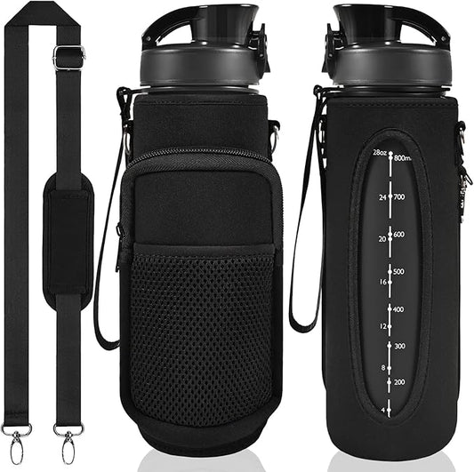 32 oz Water Bottle with Straw and Sleeve, Motivational Water Bottle with Time Marker and Adjustable Shoulder Strap, BPA Free Leakproof Sport Water Jug for Hiking, Gym