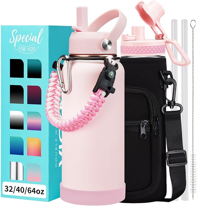 32/40/64 OZ Water Bottle with Straw - Spout Lid, Kepp Cold-48H Hot-24H, Insulated Water Bottles with Strap Carrier Bag, Paracord Handle, Protective Boot, Leakproof Metal Hydro Water Flask