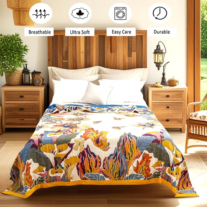 Boho Large Throw Blanket, 100% Organic Cotton Breathable Soft Bed King Throw - Fall Floral Bird Butterfly Farmhouse Decor Blanket for Sofa Couch Chair and Gift. 91" x 98"
