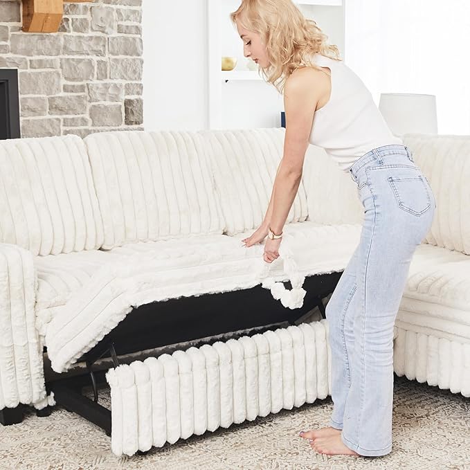 Belffin Corduroy Sleeper Sofa Bed with Storage Chaise Modular Sectional Sofa Couch with Pull Out Bed L Shaped Sectional Couches for Living Room White Couch