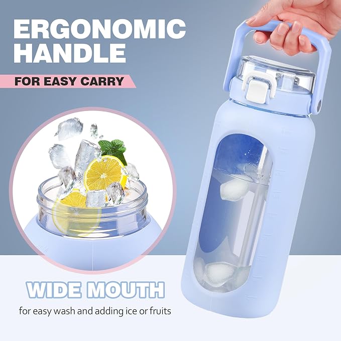 BLUEGO 64oz Glass Water Bottle with Handle and Straw, Motivational Sports Water Bottle with Time Marker and Silicone Sleeve Leakproof Drinking Bottle for Travel Gym Workout, Light Blue