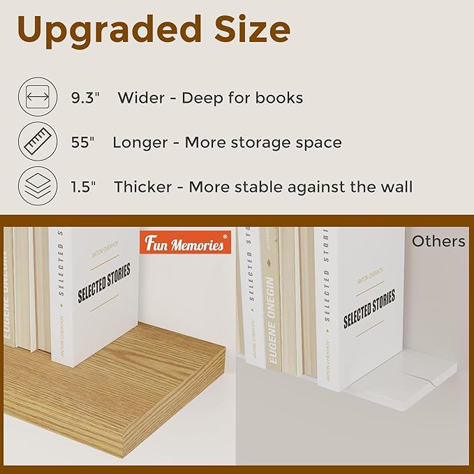 55 Inch Floating Shelves Set of 2, Rustic 55 x 9 Floating Shelf for Wall, 9 Inch Deep Wall Shelves Invisible Bracket, Large Deep Shelving for Bedroom, Kicten, Living Room, Oak Color