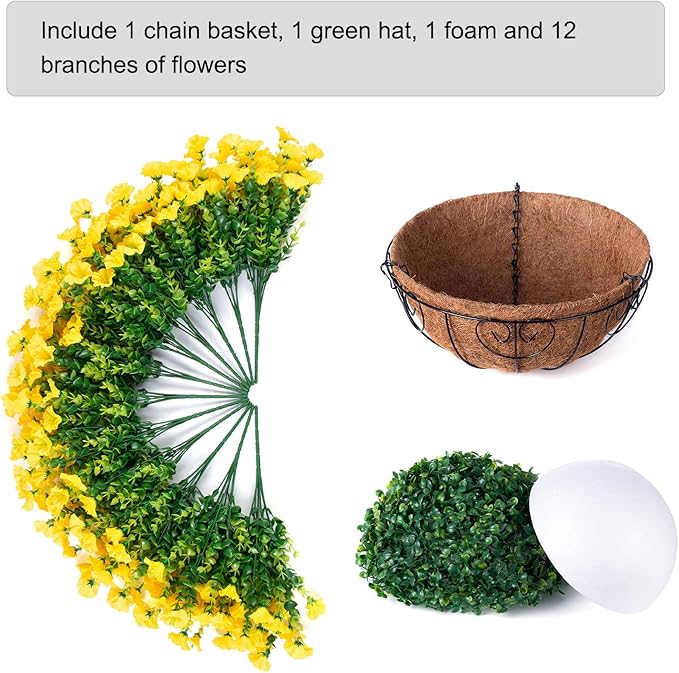 Artificial Fall Flowers Fake Hanging Plants Flowers Basket for Outdoors Autumn Decoration, Yellow Silk Morning Glory with Eucalyptus Look Real UV Resistant Faux Flowers for Outside Porch Patio Balcony