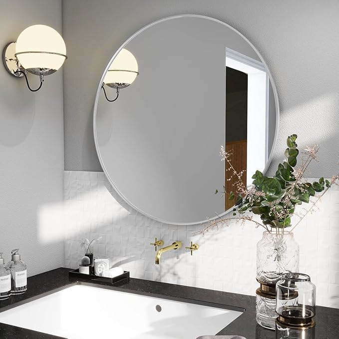 BEAUTYPEAK 30 Inch Round Mirror, Metal Frame Circle Mirror, Wall Mounted for Entryway, Bathroom, Vanity, Living Room, White