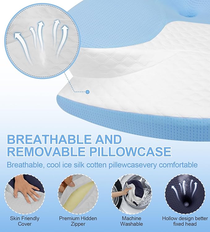 Bed Sleep Contour Memory Foam Pillow, Cervical Pillow for Neck and Shoulder, Ergonomic Neck Support Pillow for Side Back Stomach Sleepers with Pillowcase (Blue)