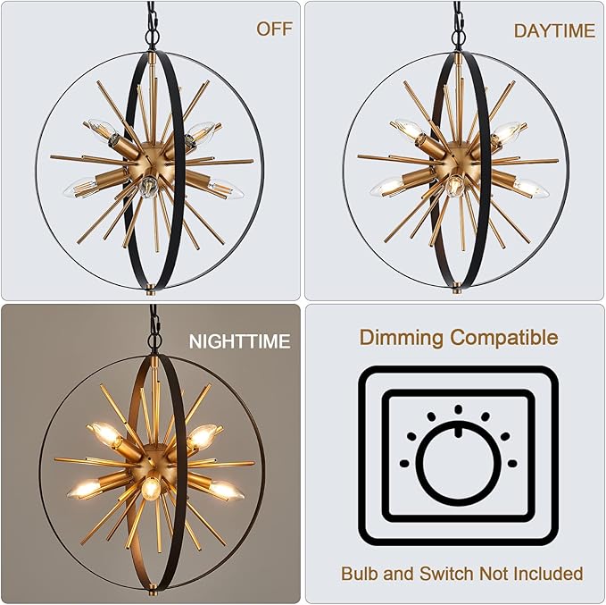 17.72'' Black Gold 8-Light Globe Sputnik Chandelier Modern Industrial Adjustable Hanging Ceiling Firework Pendant Light Fixture for Entryway Stairway Kitchen Dining Living Room Hallway