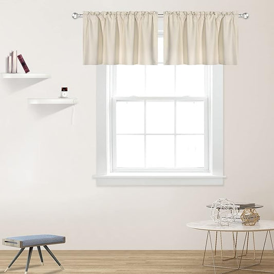 Beige Valance for Windows 42x18 Inch Solid Thermal Insulated Blackout Rod Pocket Kitchen Short Curtain Toppers Valance for Bathroom Living Room 2 Panels