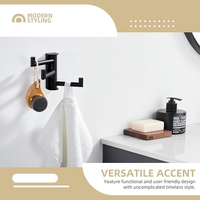 Angle Simple Swivel Towel Hook 3 Arms, SUS 304 Stainless Steel Foldable Bathroom Robe Towel Hook, Wall Coat Holder, Matte Black