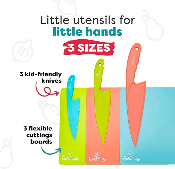 Baketivity 6 Piece Kids Cutting Board and Knife Set | Plastic Knives and Flexible Cutting Boards for Safe and Fun Cooking | Dishwasher Safe Kids Knifes for Real Cooking | Suitable for Children 6+