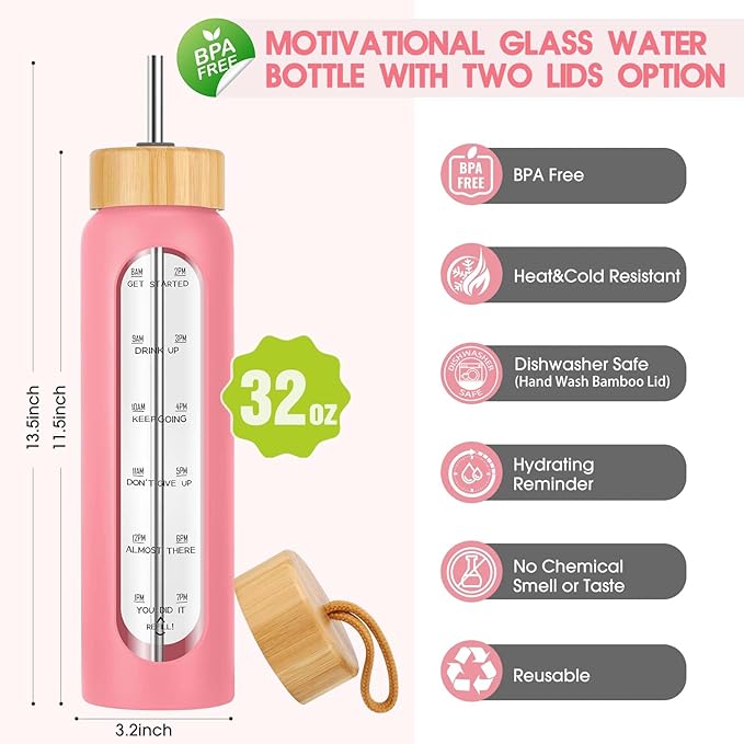 32 oz Glass Water Bottle with Straw - Motivational Time Marker & Silicone Sleeve - Reusable Tumbler Includes 2 Bamboo Lids & Fruit Infuser - 1 Pack