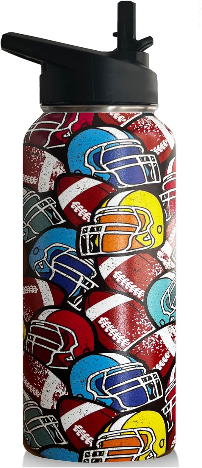 32 oz Football Water Bottle Insulated Vacuum Stainless Steel Sports Water Bottle with 2 Lids (Straw and Spout Lid) for Gym Camping Hiking