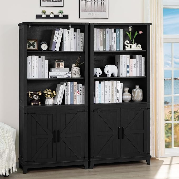 70in Tall Bookshelf 5 Tier Bookcase with Barn Doors and Adjustable Shelves, Black Farmhouse Book Shelf with Storage Cabinet, Wood Freestanding Display Bookshelves for Bedroom, Living Room