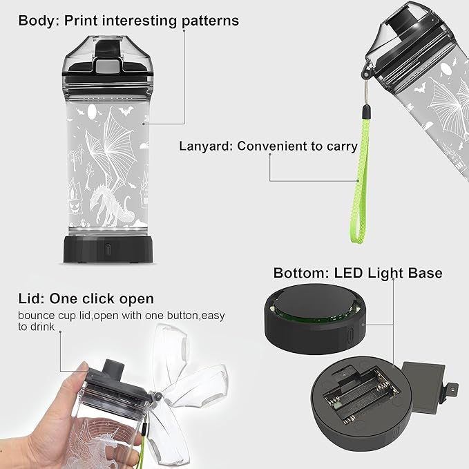 Ammonite Dragon 14 Oz Water Bottle with 3D Glowing LED Light - BPA Free Tritan - Travel Cup Gift for Back to School Boy Child Holiday Camping Picnic