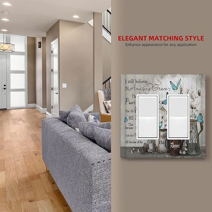 Blue Butterfly Rustic Flower Inspirational Quotes 2 Gang Rocker Decora Light Switch Covers Dual Outlet Covers Wall Plate Decorative Switchplate Electrical Faceplate GFCI for Country Bedroom Decor